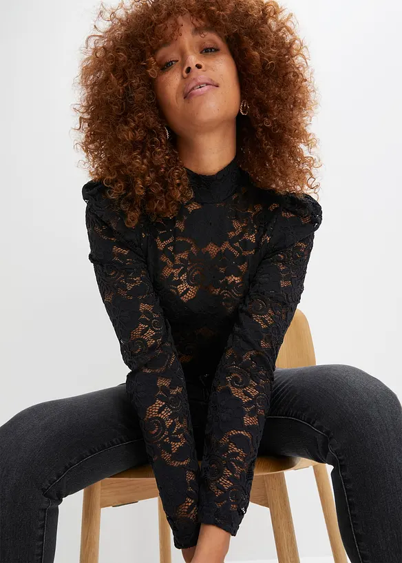 Maglia aderente in pizzo a maniche lunghe, bonprix
