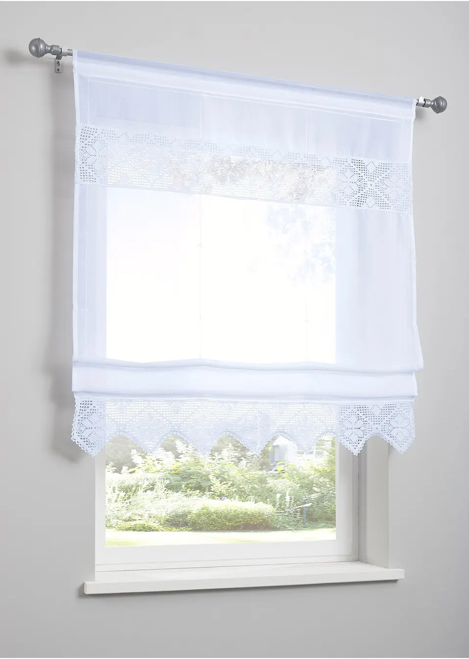 Tenda Effetto Lino Rustico Con Bordo All'Uncinetto – Grigio-Verde, 100x160 Cm, Con Passante - 3