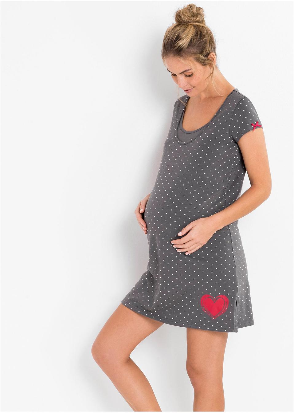 Camicia da notte prémaman in cotone biologico Ardesia a pois bpc