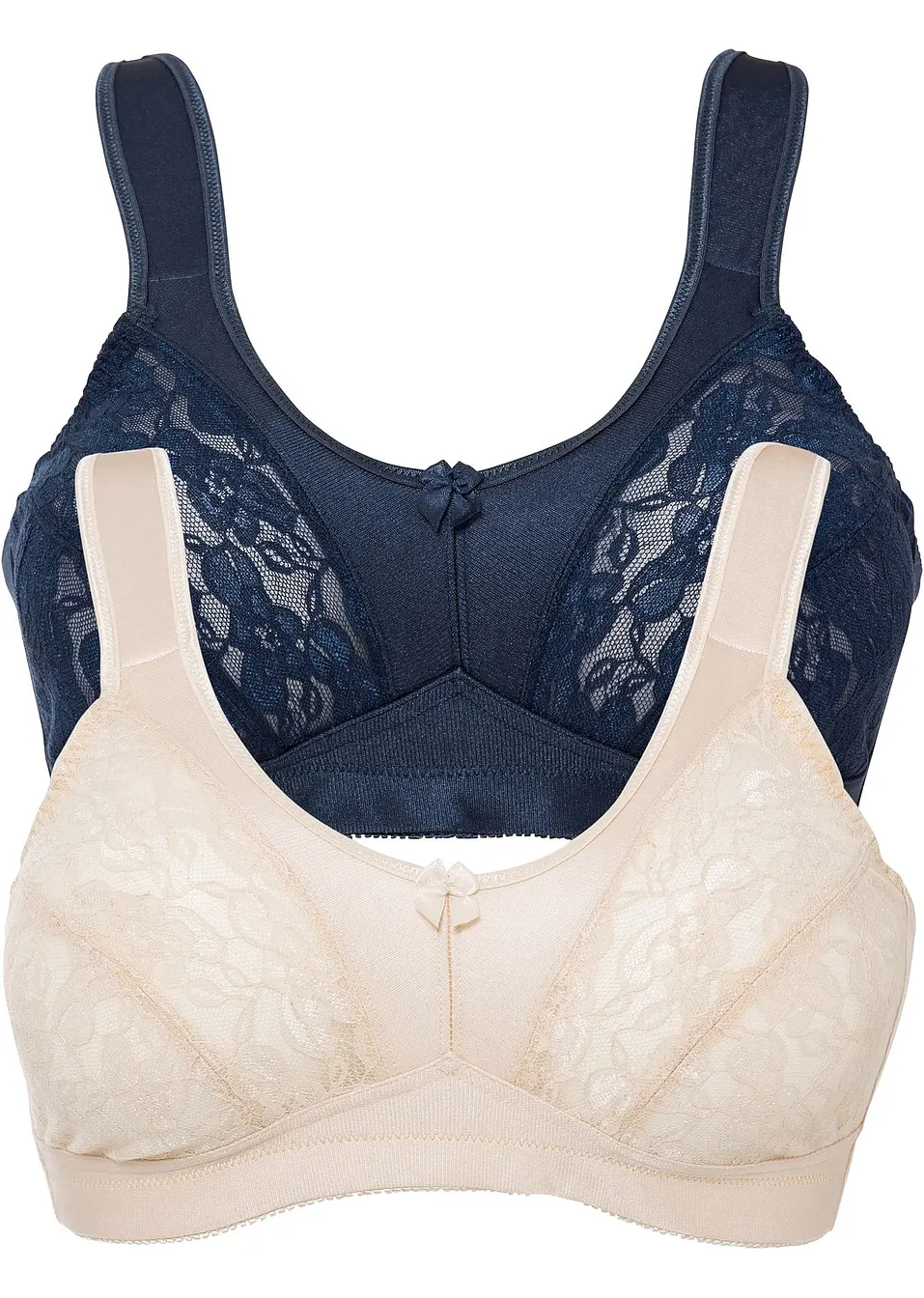 Reggiseno contenitivo senza ferretto con pizzo elegante Blu scuro beige sabbia Coppa C