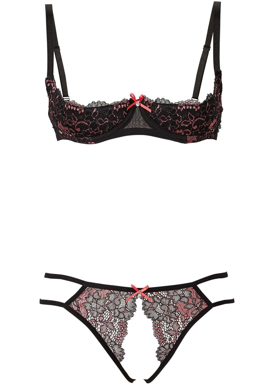 Completo Sexy Con Reggiseno Carioca E Perizoma Nero Corallo Coppa B